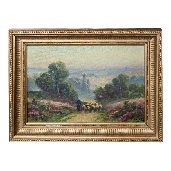 Corbier, Shepherdess and Her Flock, Oil on Panel, Early 20th Century, Framed For Sale