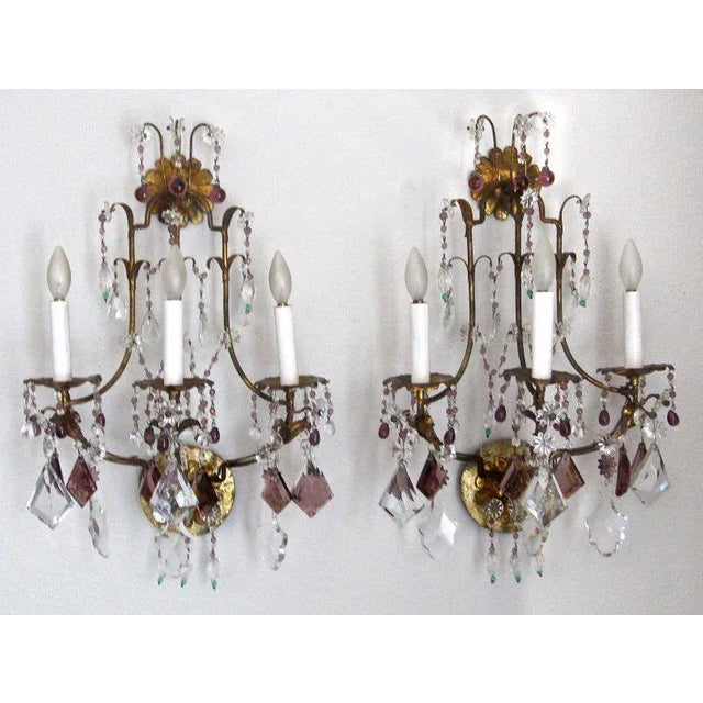 1940s Italian Gilt Metal Crystal Beaded Amethyst Wall Sconces - a Pair For Sale - Image 12 of 13