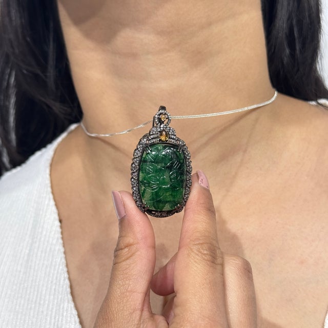 Early 21st Century Handcrafted Vintage 20.85 Ct Aventurine Brooch Pendant With Diamond Accents For Sale - Image 5 of 12