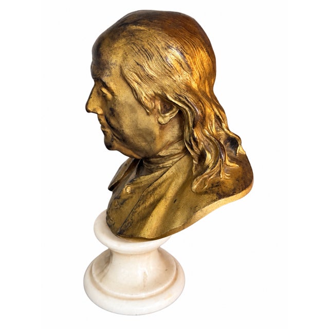 19th Century French Gilt Bronze Bust of Benjamin Franklin After Houdon on Marble For Sale - Image 4 of 11
