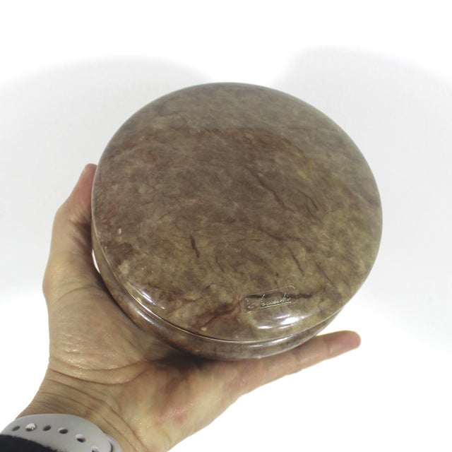 Italian Vintage Italian Hand Carved Alabaster Lidded Trinket Box Brown Marble Stone Signed For Sale - Image 3 of 9