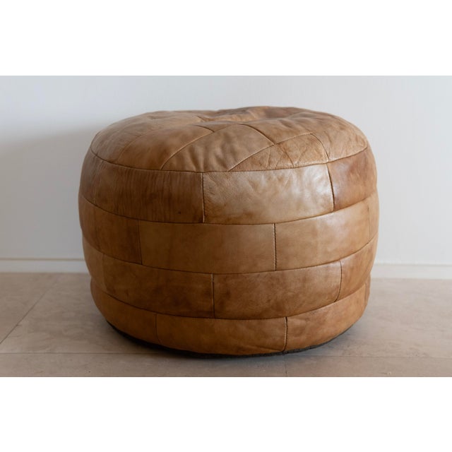 1970s Vintage Leather Patchwork Ottoman in Tan Attributed to De Sede For Sale - Image 5 of 8