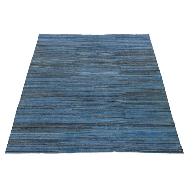 Modern Handmade Flat-Weave Kilim Wool Rug in Indigo & Charcoal Abrash 9x12 For Sale - Image 9 of 12