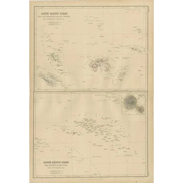 Antique map titled 'South Pacific Ocean'. Original antique map of South Pacific Ocean with inset Map of Tahiti. This map...