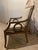 Wood framed striped easy chair. Separate cushion seat sewn to base. Excellent condition. Ornamental carved sides.
