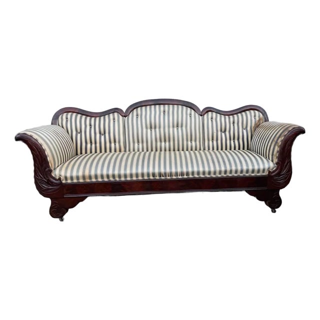 Antique American Empire Style Flame Mahogany Upholstery Sofa For Sale