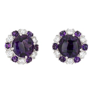 Vintage Amethyst Diamond Platinum Round Stud Earrings - 2 Pieces For Sale