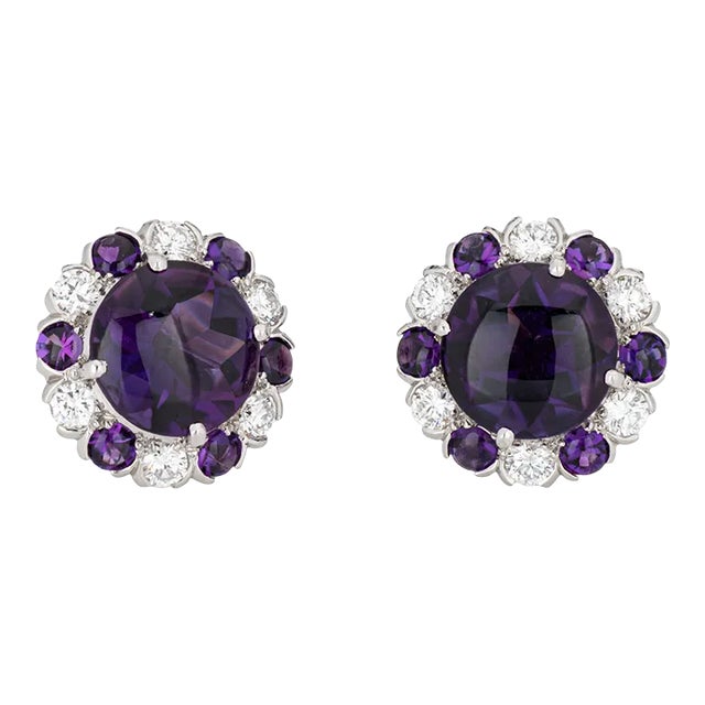 Vintage Amethyst Diamond Platinum Round Stud Earrings - 2 Pieces For Sale