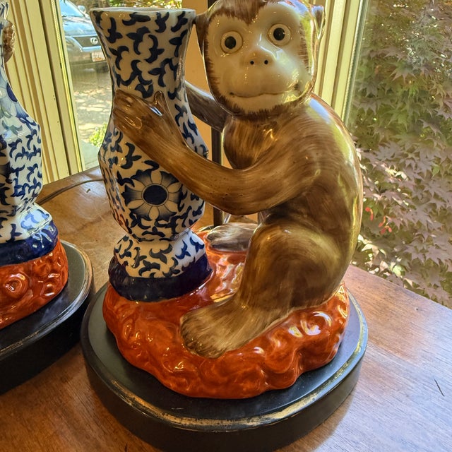 Mid-Century Modern Pair Vintage Ceramic Monkey Lamps For Sale - Image 3 of 5