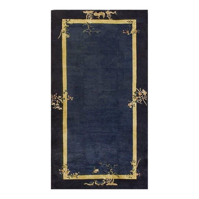 1920s Navy Blue Solid Birds Deco Antique Chinese Peking Hallway Runner Rug For Sale