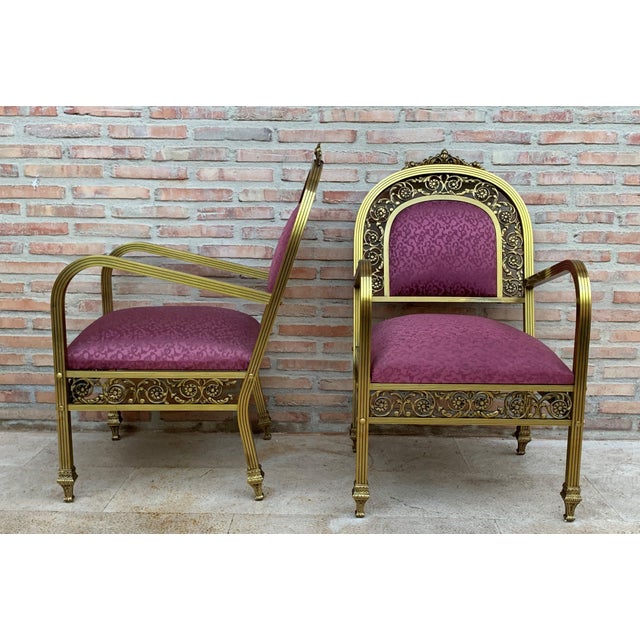 Mid-Century Modern 20th Century French Pair of Gold Brass and Bronze Armchairs with Red Upholstery For Sale - Image 3 of 18