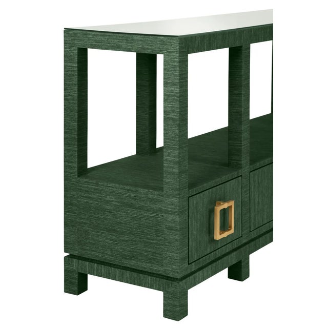 Matthew Izzo Home Campbell Green Grasscloth Two Tiered, Three Drawer Console Table With Satin Brass Hardword and Glass Top For Sale In New York - Image 6 of 10