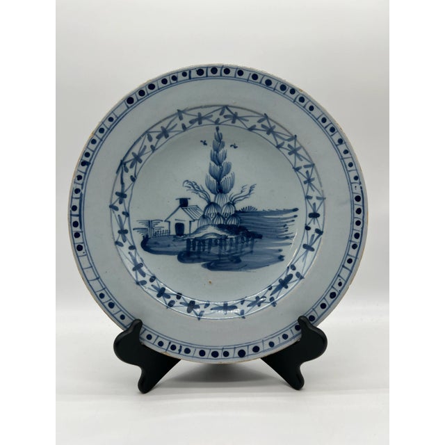 English Antique Tin Glazed Earthenware Delft Blue Decorated Plate, English, Circa 1750's For Sale - Image 3 of 12