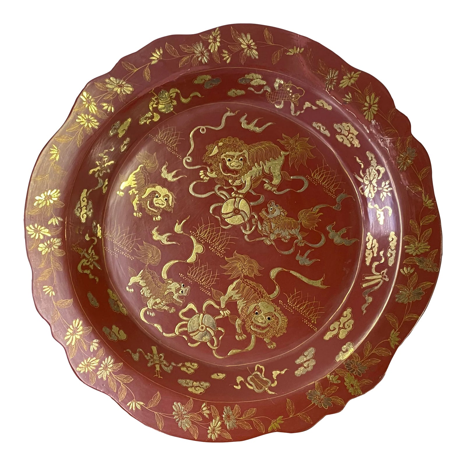 Chinese Golden Foo Dog Graphic Brick Red Lacquer Display Disc Plate