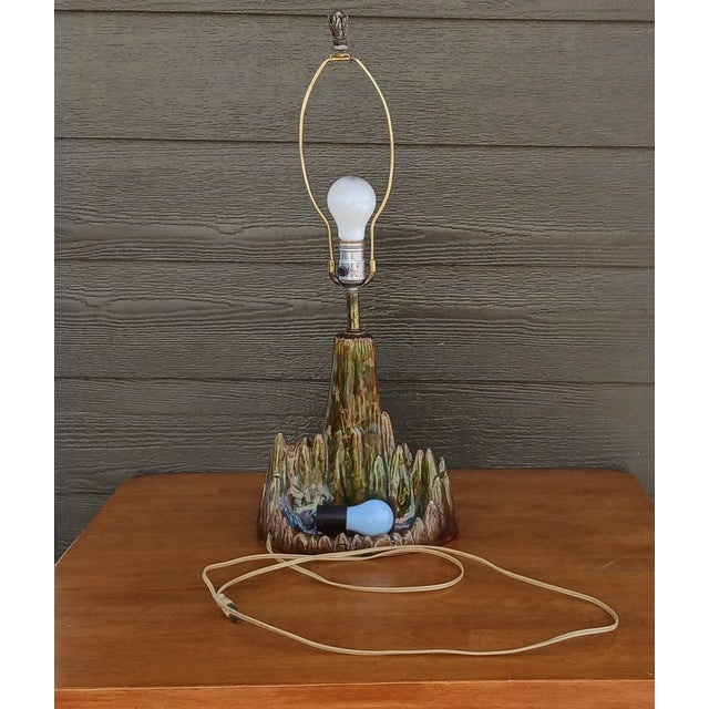 Ceramic Mid-Century Boho Realism Woodland Drip Glaze Table Lamp With Lighted Base For Sale - Image 7 of 13