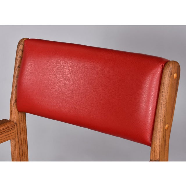 Red Leather and Oak Billiard Barstools With Cupholders, Restored For Sale - Image 6 of 12