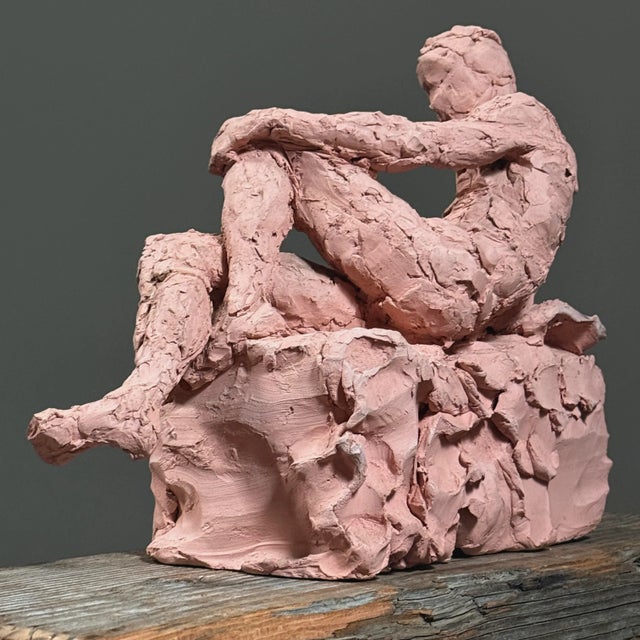 Vintage Neo-Expressionist Figurative Clay Sculpture A mid-century expressionist work in fired clay, this reclining male...