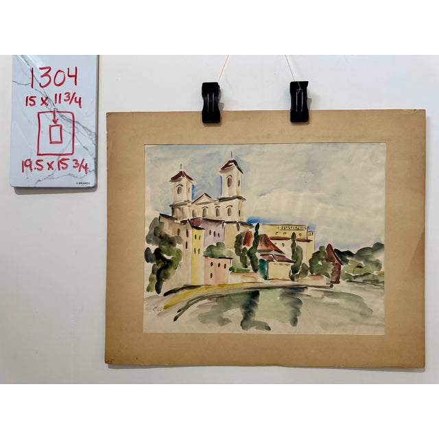 Paper Henry Emil Salloch Original Watercolor on Paper Riverside Basilica Study, 1935. For Sale - Image 7 of 7