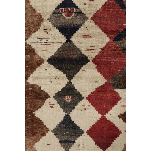 Tribal Vintage Gabbeh Persian Runner, Brown and Red With Diamond Patterns - Rug & Kilim For Sale - Image 3 of 8