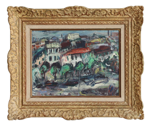 Guy Le Péqueux, View Over the City of Red Roofs, 1960s, Oil Painting on Canvas, Framed