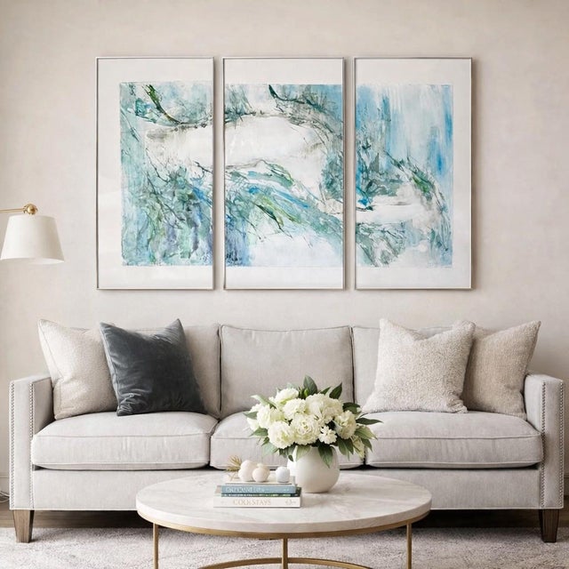 Abstract watercolor triptych by American artist Buel Ecker, composed of three coordinated vertical panels intended to be...