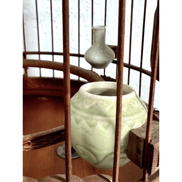 1980's Vintage Intricately Hand Made Bamboo Bird Cage With Celadon Feeders and Dragons For Sale - Image 10 of 11