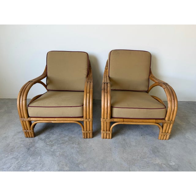 Mid-Century Modern Mid-Century Paul Frankl Style Bamboo & Rattan Lounge Chairs – A Pair For Sale - Image 3 of 12