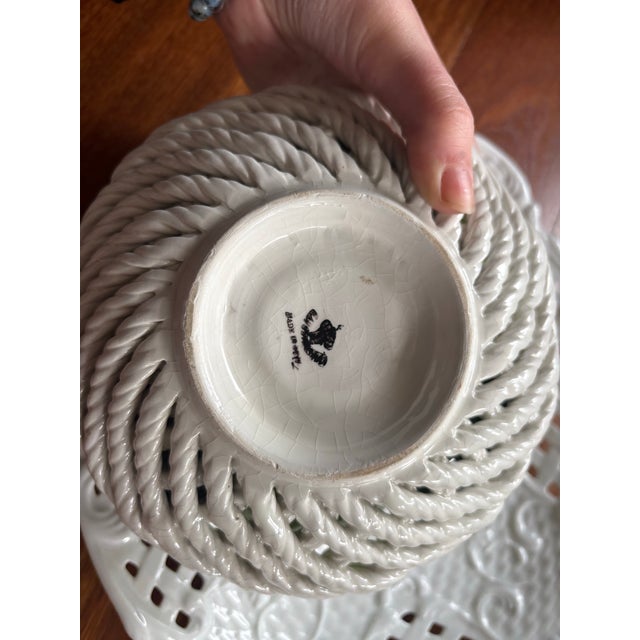 Italian Vintage Italian Capodimonte Hand-Painted Ceramic Fruit Basket & Lattice Tray Set For Sale - Image 3 of 7