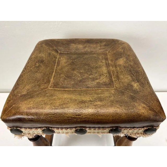 Mid-Century Oak and Leather Stool in Spanish Style, 1970s For Sale - Image 6 of 12