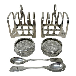 Antique Sterling Silver Pair Lowe Toast Rack Crystal Salt Cellars 1910 7.9 Ozs For Sale