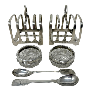 Antique Sterling Silver Pair Lowe Toast Rack Crystal Salt Cellars 1910 7.9 Ozs