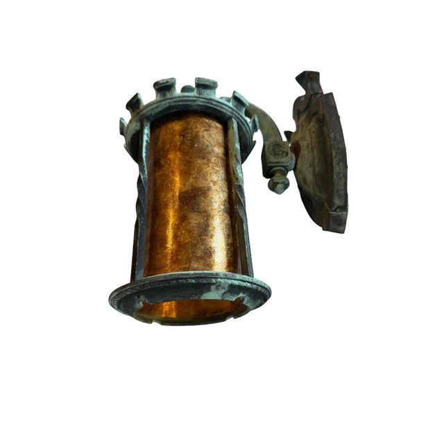 Bronze Early 20th Century Original Verdigris Patina Bronze Outdoor Wall Sconce With Mica Shade For Sale - Image 8 of 10