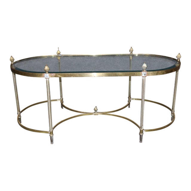 Oval Brass French Maison Jansen Style Pineapple Finial Directoire Coffee Table For Sale