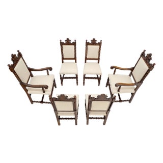 6 Fine Carved Oak Lion Heads Twisted Legs New Upholstery Jacobean Dining Chairs For Sale