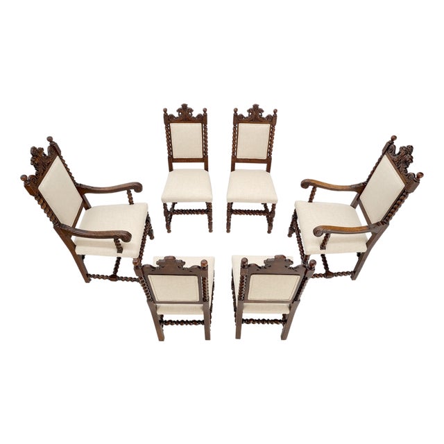 6 Fine Carved Oak Lion Heads Twisted Legs New Upholstery Jacobean Dining Chairs For Sale