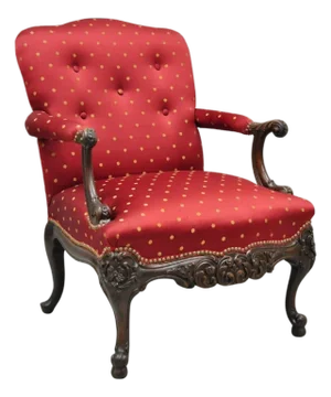 Antique English Georgian Style Carved Mahogany Red Library Lounge Arm Chair