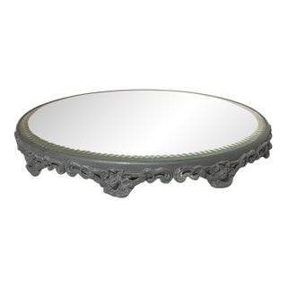 Antique Round Silverplate Plateau Beveled Vanity Jewelry Table Top Mirror Tray For Sale