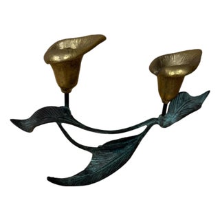 Vintage Verdigris Brass Calla Lily Candle Holder. For Sale