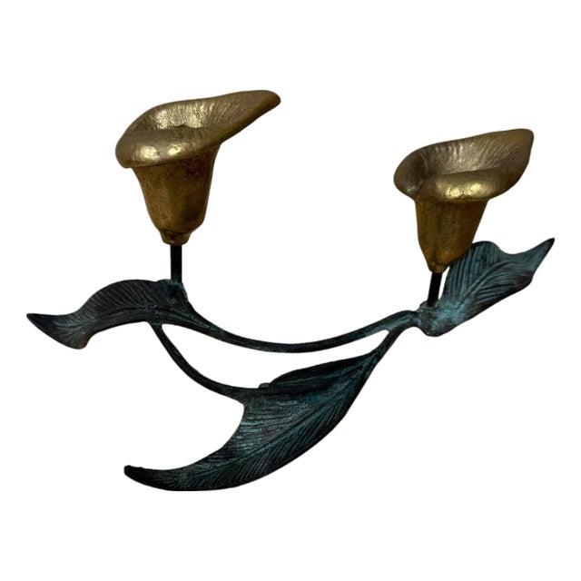 Vintage Verdigris Brass Calla Lily Candle Holder. For Sale
