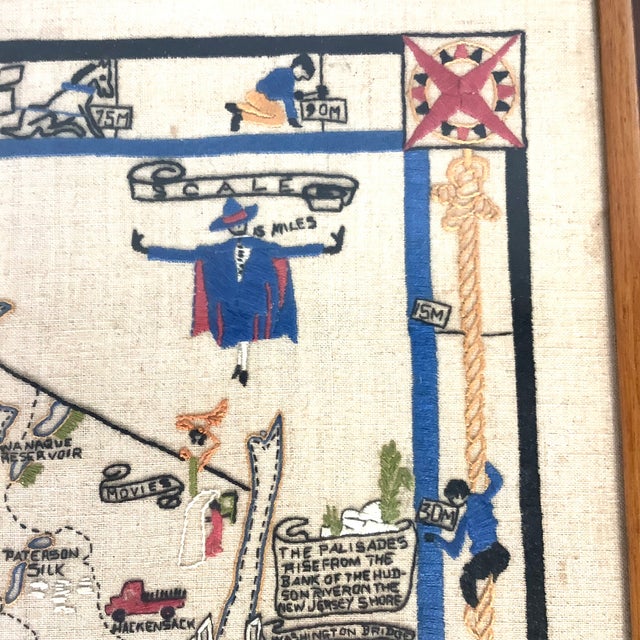 Shabby Chic 1937 Embroidered New Jersey Pictorial Map Bamberger Folk Art Textile Large 21.5x31.5” For Sale - Image 3 of 12