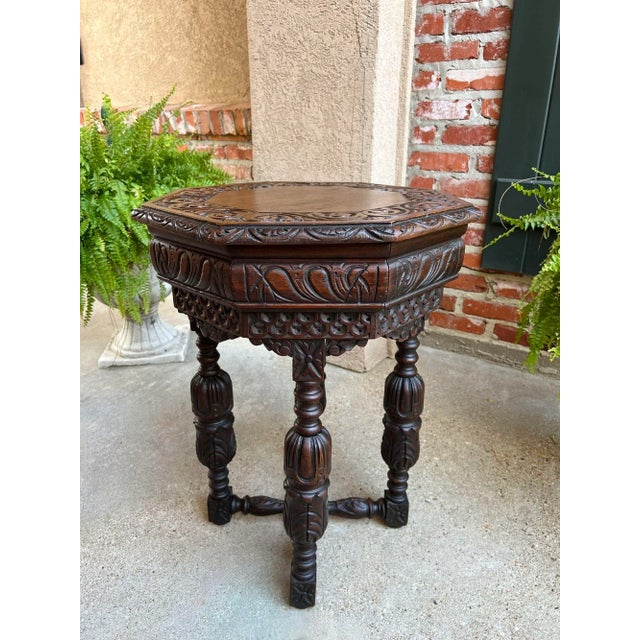 Wood Petite Antique French Octagon Center Side Table Side End Renaissance Carved Oak For Sale - Image 7 of 12