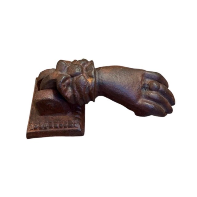 Brown Vintage Cast Iron Hand Door Knocker - Antique Victorian Style Architectural Hardware For Sale - Image 8 of 12