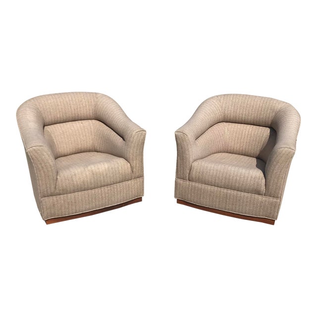 Mid-Century Modern Swivel Club Chairs Wood Plinth Base - a ...