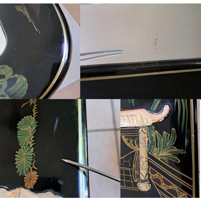Vintage Chinese Black Lacquer Chinoiserie Wall Mirror With Mother-of-Pearl Inlay, 40" X 30" For Sale - Image 15 of 15
