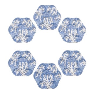 Italian Les Ottomans Hand-Painted Blue Coral Oyster Plates - Set of 6 For Sale