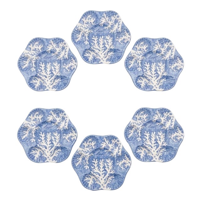 Italian Les Ottomans Hand-Painted Blue Coral Oyster Plates - Set of 6 For Sale