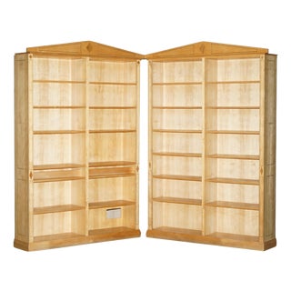 Tall Satin Birch and Walnut Steeple Top Library Bookcases, Set of 2 For Sale