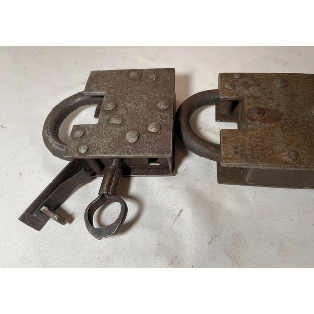 Pair of Rare Antique Hidden Key 1800's Pad Lock Solid Steel Wrought Iron Key For Sale - Image 10 of 10