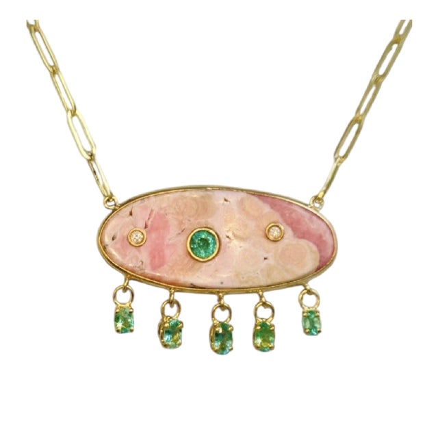 Rhodochrosite Necklace With Emeralds & Diamonds on Large 14k Gold Paperclip Chain For Sale