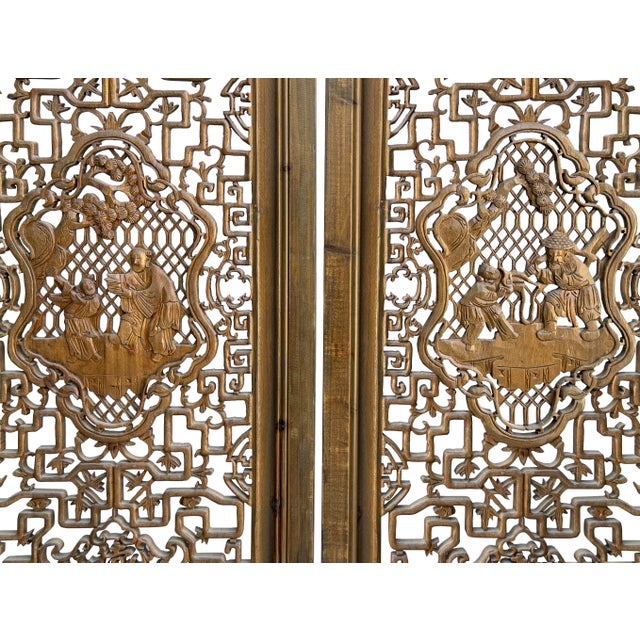 Wood Vintage Finish Openwork Figural 4 Panels Wood Floor Screen Room Divider For Sale - Image 7 of 11
